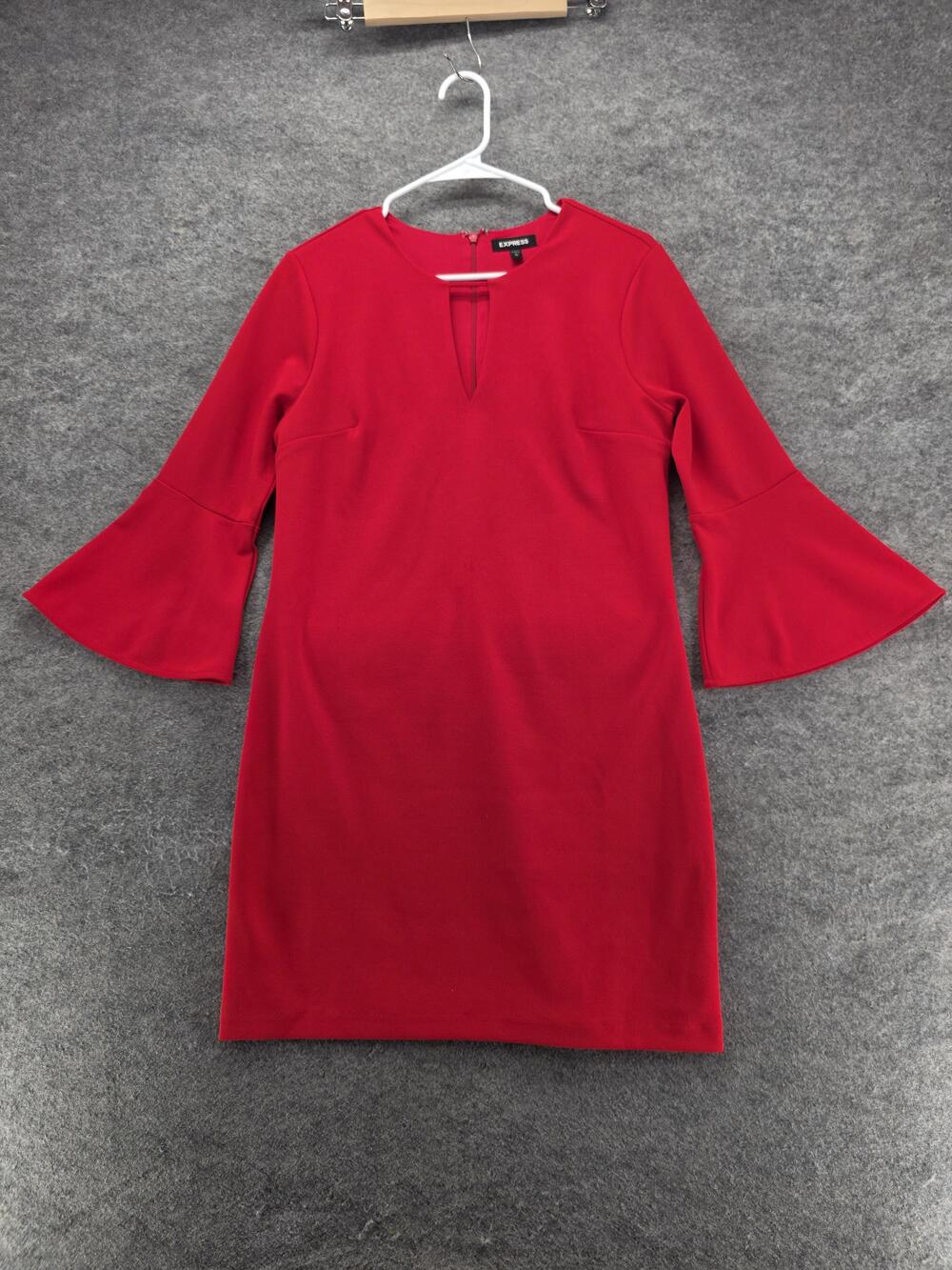 Express Dress Womens M Red Shift 3/4 Bell Sleeve Knee Length Lined Stretch